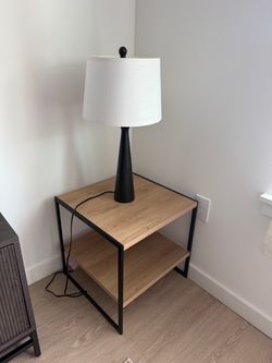Modern Side Table with Black Metal Frame and dimmable lamp with usb port
