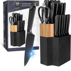 Knife Set,19 Pieces Kitchen Knife Set with Wooden Block,High Carbon  Stainless Steel Knife Block Set,Ultra Sharp, Full-Tang Design with Black  Coating
