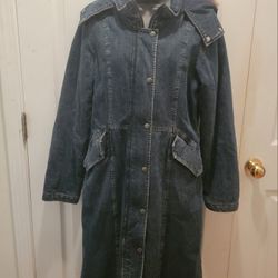 DKNY Women's Denim Hooded Winter Coat - Size Med - Drawstring Hem - Long Length