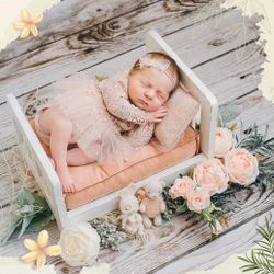 White Newborn Photography Props Bed Old-Fashioned Craftsmanship Newborn Retro Old Style Baby Photo Props Wooden Bed Photoshoot