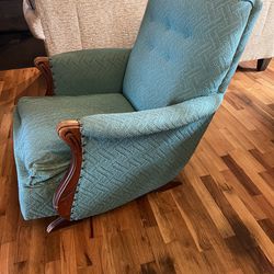 Turquoise Mid Century 1960’s Chair Rocker Carved Wood Metal Studs 