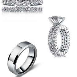 Glaze Titanium Steel Men's Wedding Band / Classic Eternity Princess Bridal Set