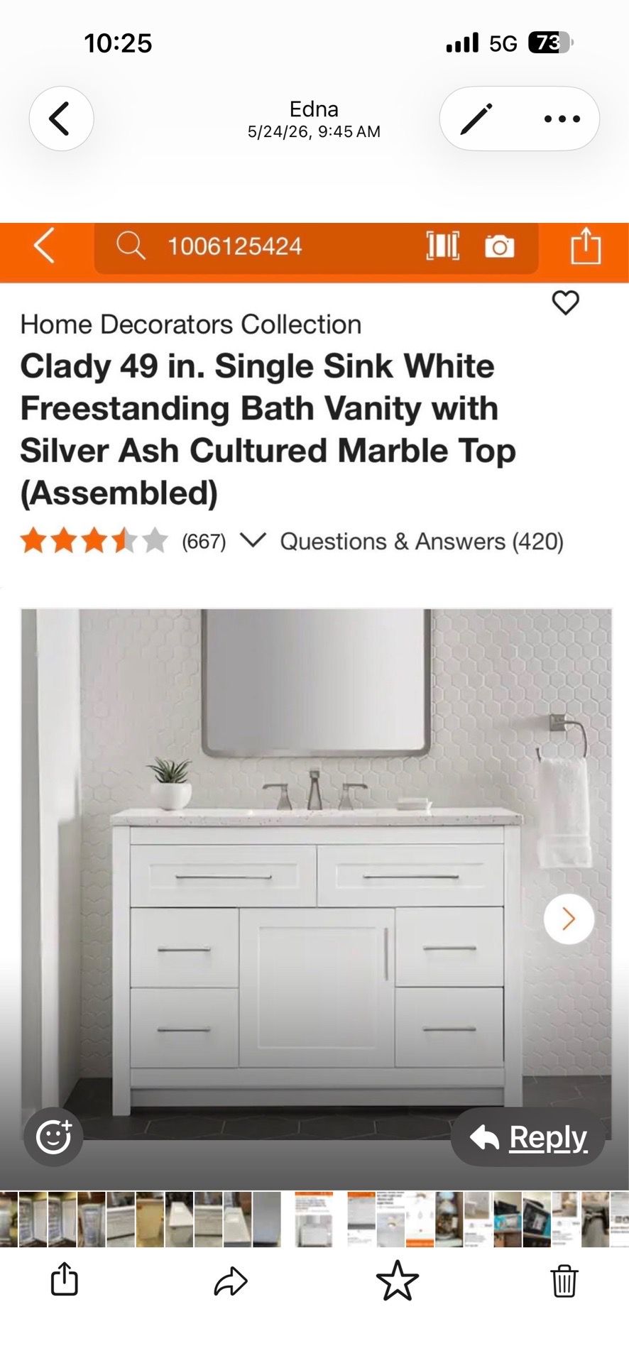 Clady 49 in. Single Sink White Freestanding Bath Vanity with Silver Ash Cultured Marble Top