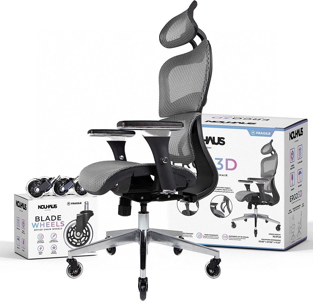 Nouhaus Ergo3D Ergonomic Office Chair - Rolling Desk Chair with 4D Adjustable Armrest, 3D Lumbar Support and Blade Wheels - Mesh Computer Chair, Execu