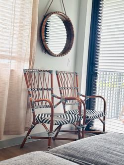 4 - Black & White Woven Rattan Bistro Dining Armchairs.