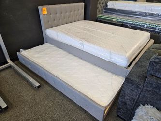 Brand New Full Size Bed W/ Twin Trundle Grey Fabric Memory Foam Matt 8 Inch & Basic Twin Matt $589