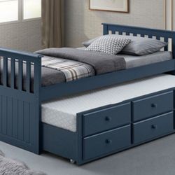 Brand New Blue Twin Bed Frame w Trundle Bed + Drawers 
