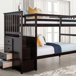 Brand New Espresso Twin Size Bunk Bed w Staircase 