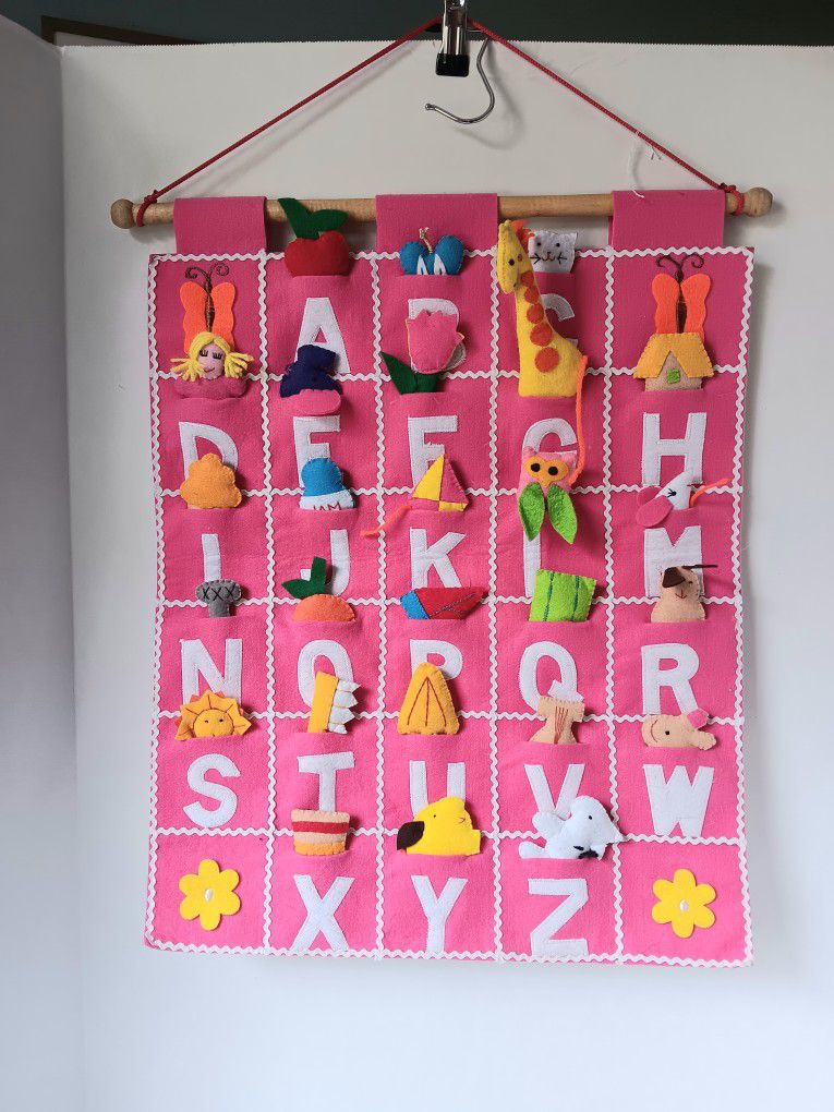 Vintage Alphabet Learning Felt Homeschool Wall Pocket Hanging Decor. Pink 