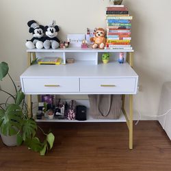 White and Gold Modern Computer Writing Desk With Drawer And Hutch