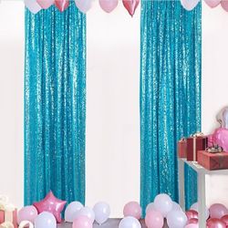 ShinyBeauty Sparkle Backdrop Curtain Aqua 2 Panels Set Sequin Photo Backdrop Turquoise 2FTx8FT Sequin Backdrop Curtain Aqua Blue Pack of 2