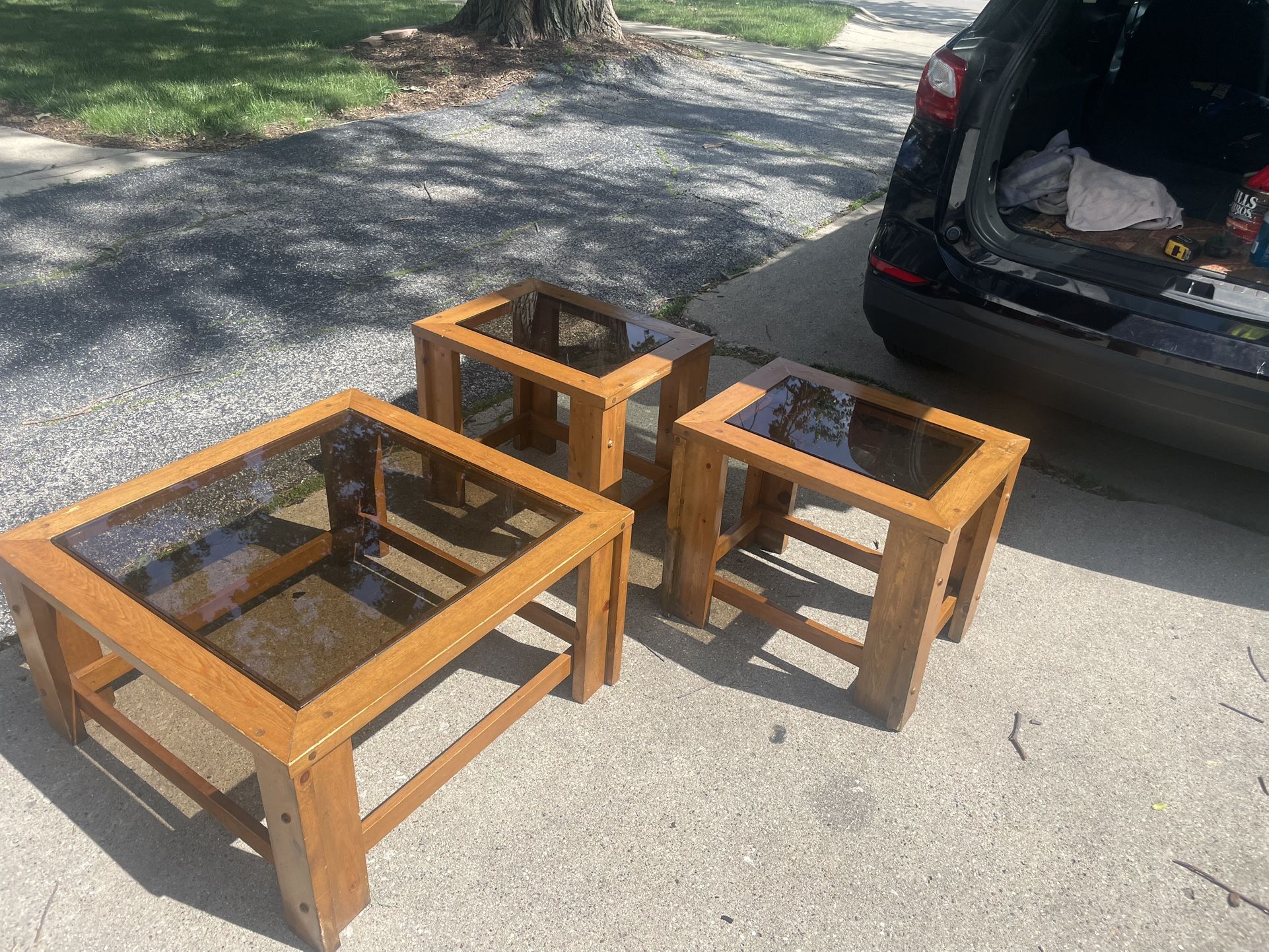 Vintage Pine Wood 2 End Tables 24by18, 20 hi, Coffee table 32by32,17 hi, glass incerts , $40 total