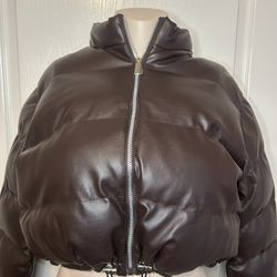 Brown Leather Puffer With Zipper 