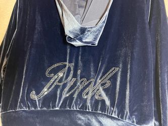 L - Victoria's Secret PINK Velour Cropped Zip Up Hoodie Navy Blue Rhinestone Y2K