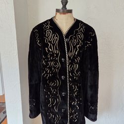 Real Sheared Black Mink Fur Coat With Gold Embroidery Size L NO OFFERS 