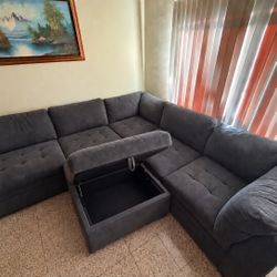 Large Dark Blue Sectional Couch with Storage Ottoman