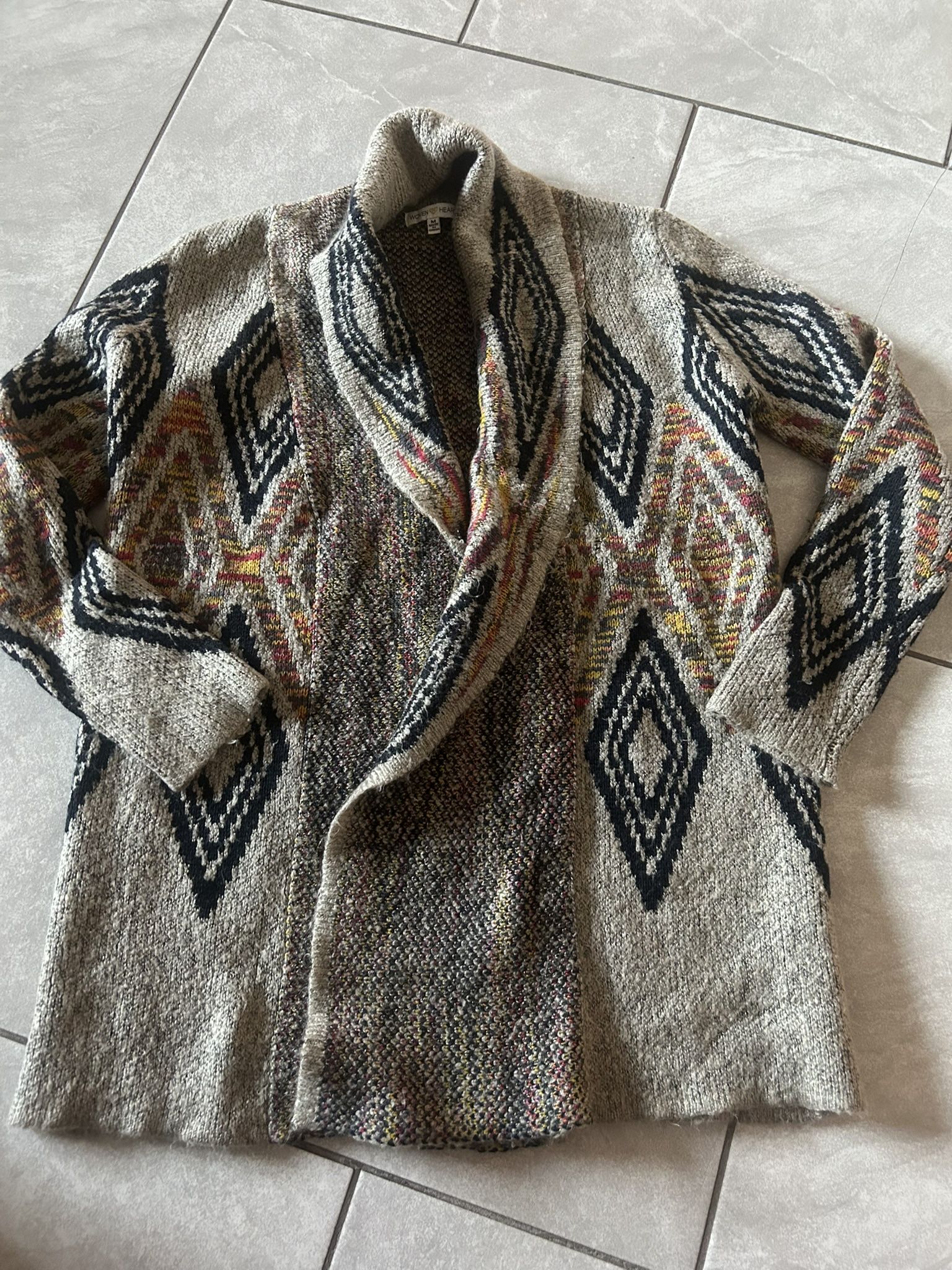 Cardigan Woven Heart Open Cardigan Sweater Sz M