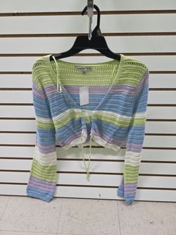 Juniors' madden girl Striped Pointelle V-Neck Loop Tie Cropped Sweater