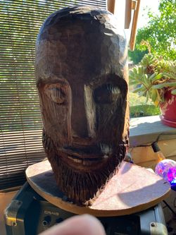Hand-Carved Wooden Head Sculpture