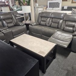 Brand New Gray Gel Leather Manual Reclining Sofa + Loveseat With Center Console And Cup Holders