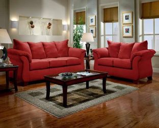 Rose red beautiful couch and love seat!