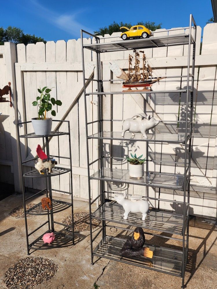 6 Shelf Iron Bookshelf & Corner 4 Shelf Stand(Location 77459)