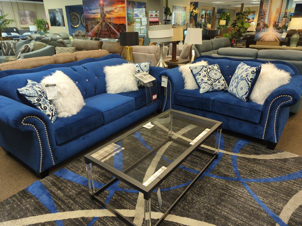 New Blue Velvet Sofa Loveseat Set