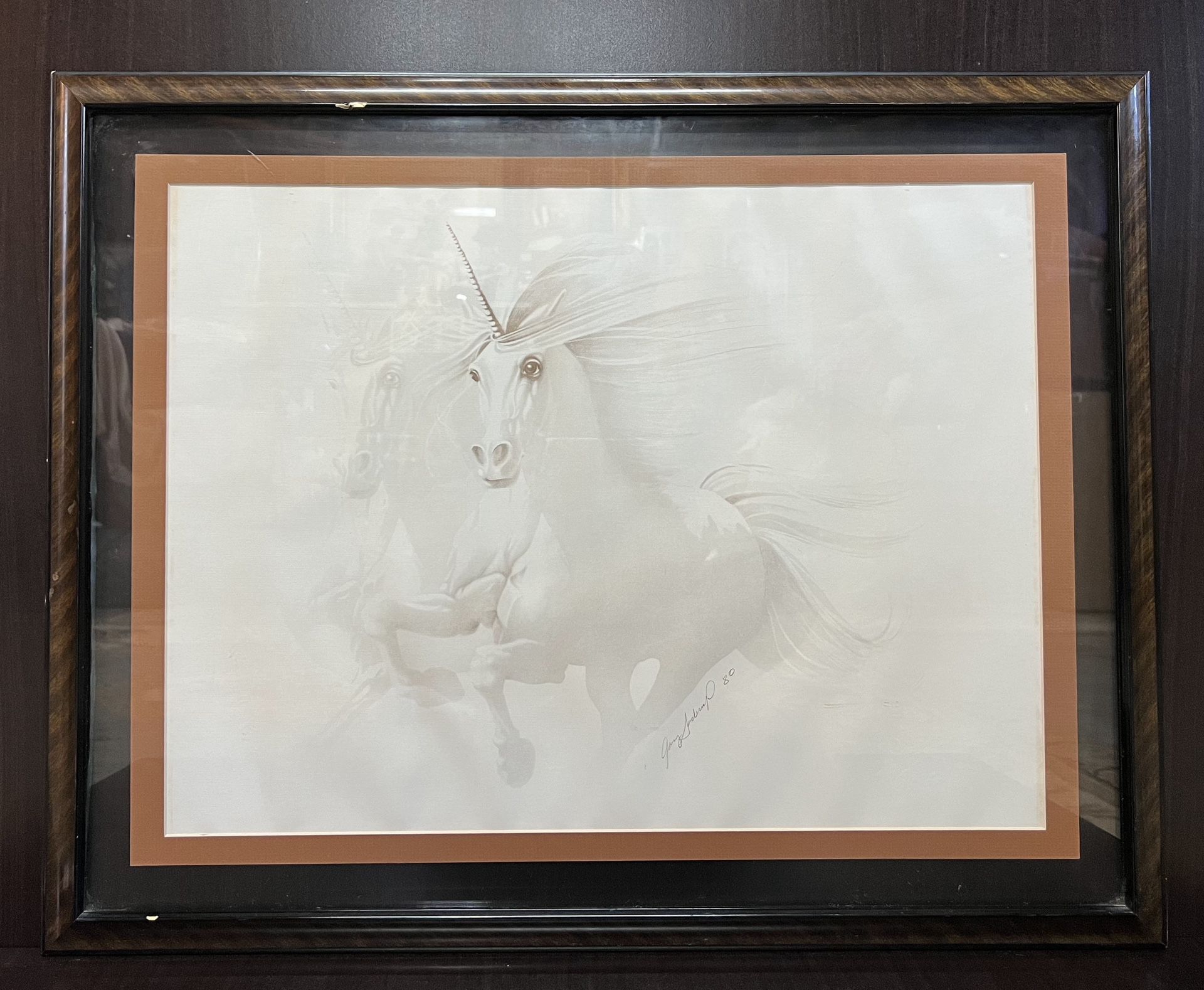 30% Off SALE Vintage 1980 Print of Painting “Unicorn”, Signed, Double-matted, glass-covered on front & back sides, custom Frame