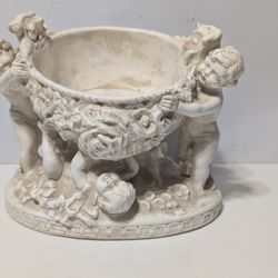 VINTAGE MARWAL CHALKWARE STATUE PLANTER 3 CHERUBS FLOWER BOWL OR BASKET
