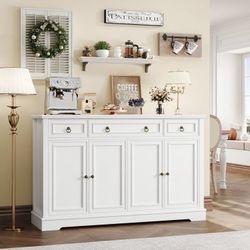 Buffet Cabinet with Drawers, 53.5”W Sideboard Storage Cabinet with Adjustable Shelf for Kitchen Dining Room, White