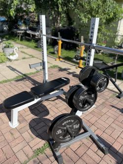280lbs plates + barbell + squat/bench rack + tree