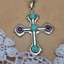 Sterling Silver Turquoise And Sugilite Cross