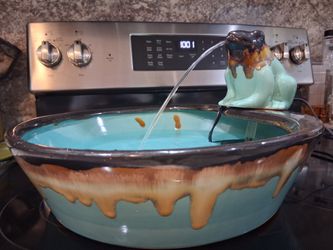 Unique Artisanal Aqua Brown Drip Glaze Frog Fountain 14"