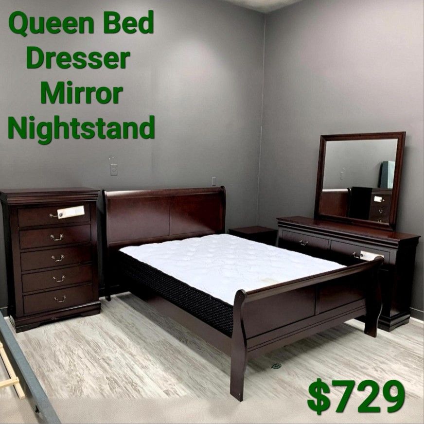 Cherry Sleigh Bedroom SetBed, Dresser, Mirror, Nightstand