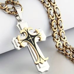 Men’s Vintage Italian Flat Handmade Necklace With Multilayer Titanium Chain With 18K Golden Black  Stainless Steel Cross Pendant Necklace Jewelry