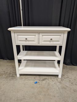 White Wooden Two-Drawer Console Table with Shelves