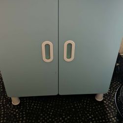 White Cupboard With Feet, A Shelf, Colored Cupboard Doors 