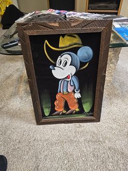 Vintage 70s/80s Cowboy Canvas Mickey Mouse Black Velvet Painting