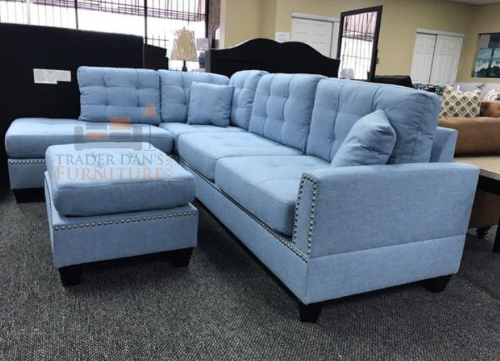Brand New Reversible Light Blue Linen Sectional Sofa +Ottoman (New In Box) 