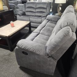 Brand New Gray Velvet Manual Reclining Sofa + Loveseat With USB