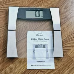 Well at Walgreens Digital Clear Glass Scale with Body Analysis Features 1.40" LCD Display Body Fat Scale Max:400 lb. With Instruction Manual. Home Bat