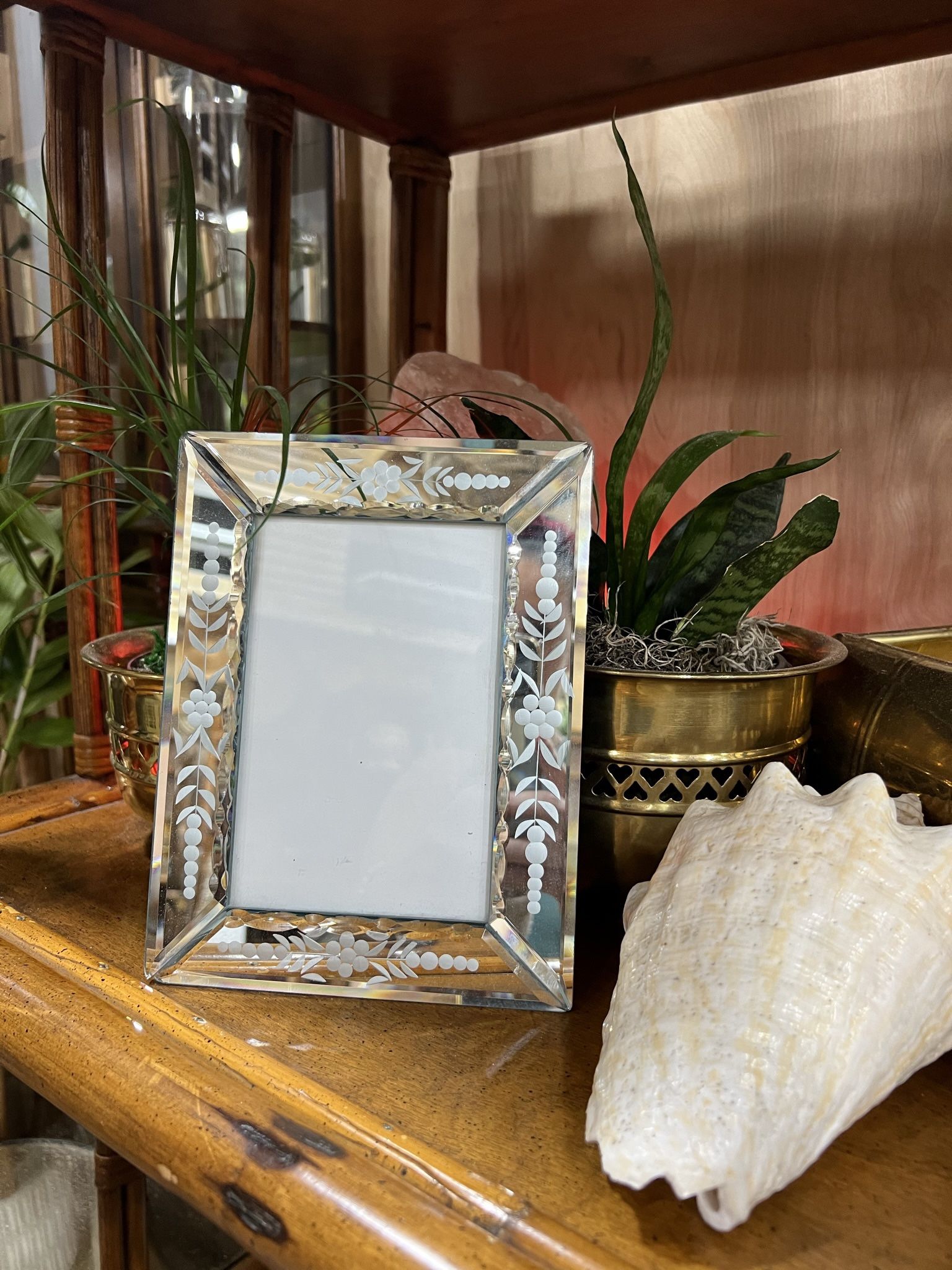 Vintage Floral Etched Mirrored Venetian Glass Style Photo Frame fits 5x7 Romantic Cottage