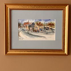 Vintage 1991 Signed Watercolor European Street Scene – Framed