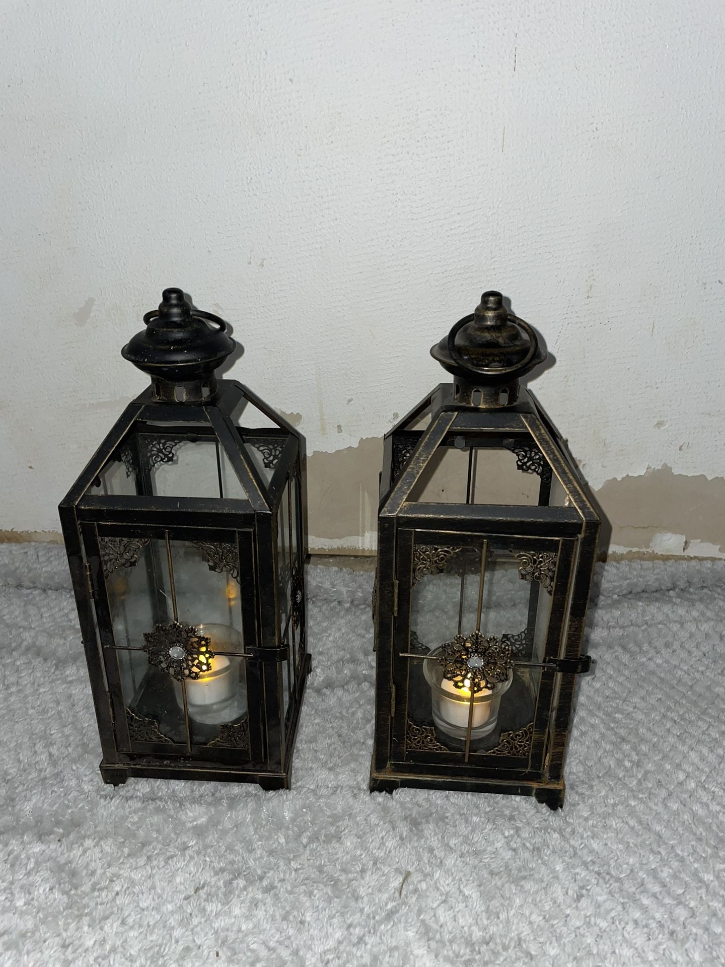 Rare Vintage Black Glass Diamond Stud Lantern-Style Candle Holders!