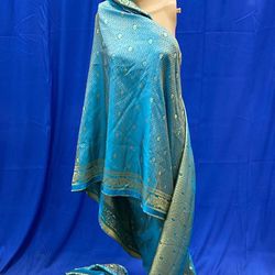 Women Turquois Gold Indian Woven Pure Katan Silk Saree