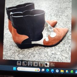 Nine West Cedar Western Style Leather Boots Women's Brown Black Pointed Toe