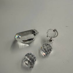 Signed Olga Brown Crystal Diamond Paperweight + 3 Faceted Crystal Figurines Globe Teardrop Lot