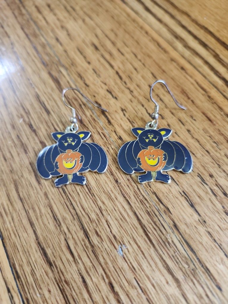 Vintage Earrings Bat Pumpkin Halloween