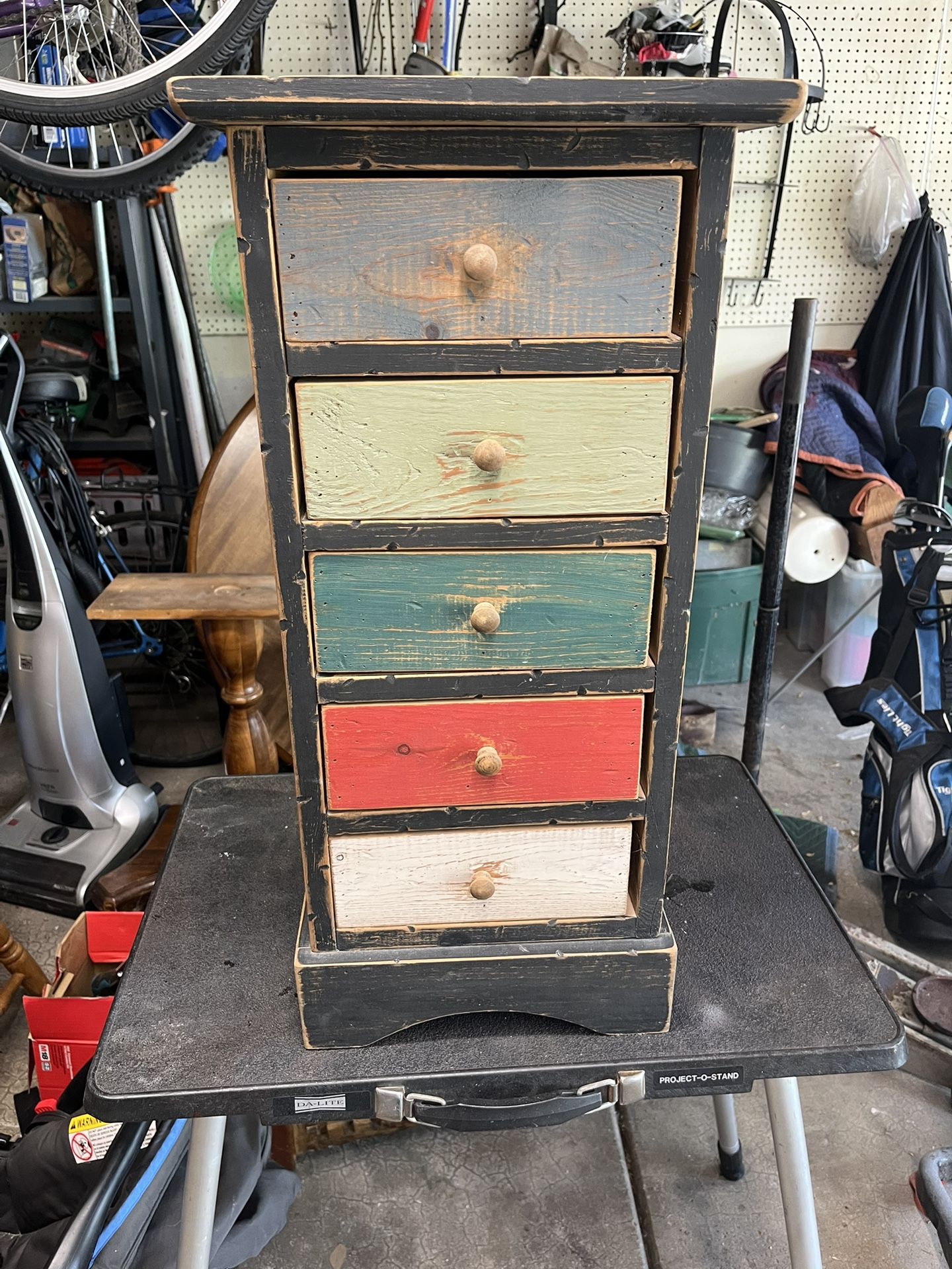 Vintage Skinny slim solid wood dresser w/ 5 multicolored drawers. Beautiful accent storage piece.
