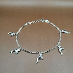 .925 Silver Dolphins Charm Bracelet Adjustable 7 To 8"